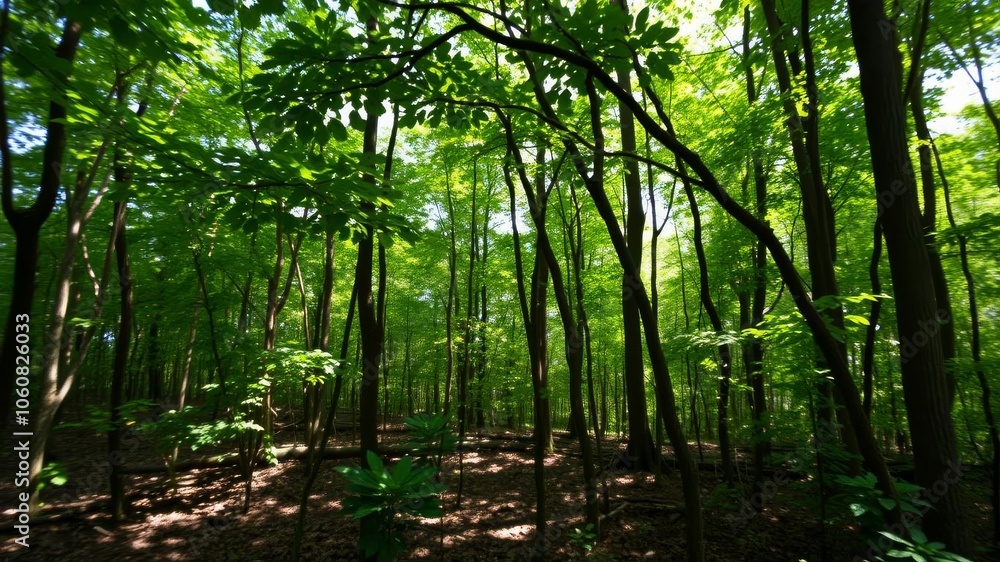 Obraz premium Lush green forest with tall trees, vibrant foliage, and dappled sunlight filtering through the canopy, scenic, air