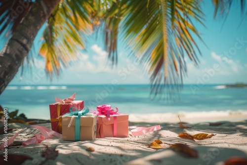 Colorful containers on a sunny beach photo