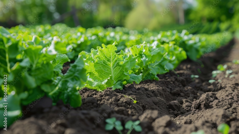 Rows of freshly grown lettuce plants in a garden bed, with rich brown soil and lush green foliage. The rows of lettuce plants offer a glimpse of fresh, healthy produce. Rows of freshly grown lettuce plants in a garden bed, with rich brown soil and lush green foliage. The rows of lettuce plants offer a glimpse of fresh, healthy produce.