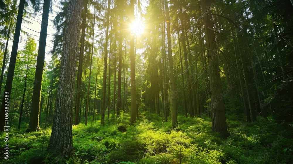 Obraz premium Beautiful forest landscape with tall green trees under morning sun.