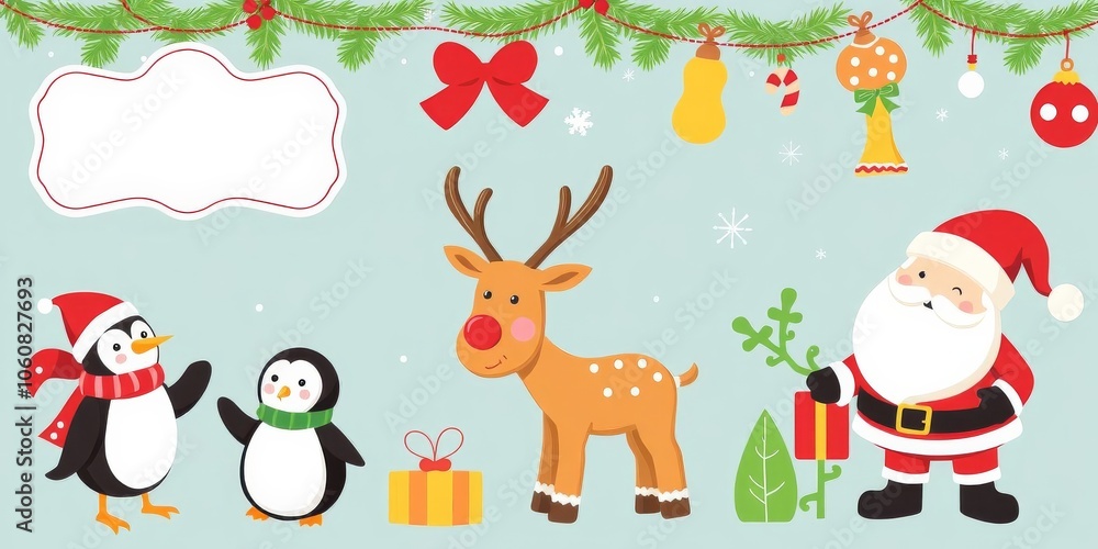Illustration of Santa Claus, elf, reindeer, snowman, penguin, gingerbread set for Christmas, elf, illustration Illustration of Santa Claus, elf, reindeer, snowman, penguin, gingerbread set for Christmas, elf, illustration