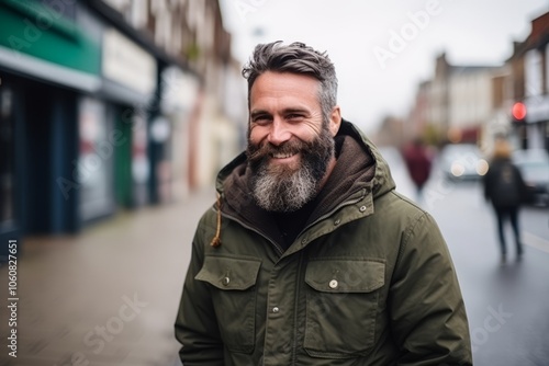 Portrait of a handsome bearded man with a coat in the city