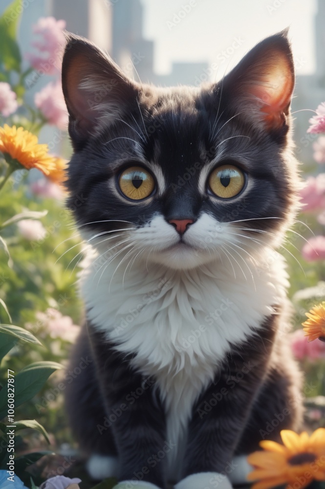 Small cute cat with pink and yellow flowers Small cute cat with pink and yellow flowers