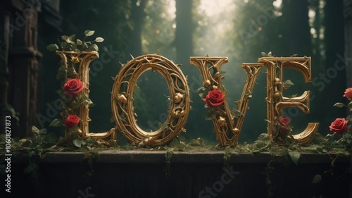 Graphic design of the word LOVE in green forest decorated with roses photo