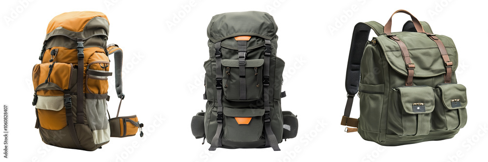Set of a lightweight camping backpack with multiple compartments isolated on a transparent background Set of a lightweight camping backpack with multiple compartments isolated on a transparent background