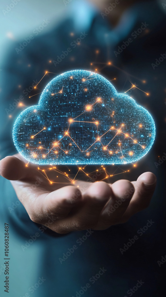 Businessman showcasing digital cloud computing with data sharing concept and network connection in hand Businessman showcasing digital cloud computing with data sharing concept and network connection in hand