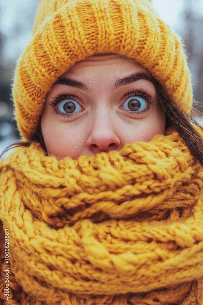 A woman wearing a bright yellow hat and matching scarf, outdoors A woman wearing a bright yellow hat and matching scarf, outdoors