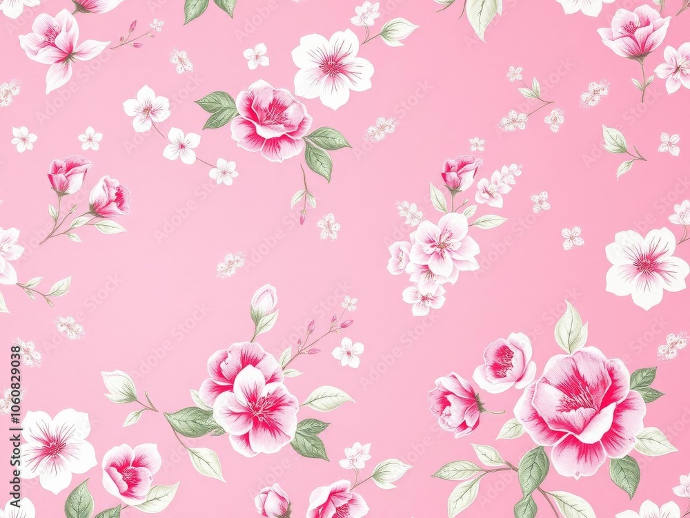 Floral wallpaper with delicate pink and green flowers on a white background, green, pattern Floral wallpaper with delicate pink and green flowers on a white background, green, pattern