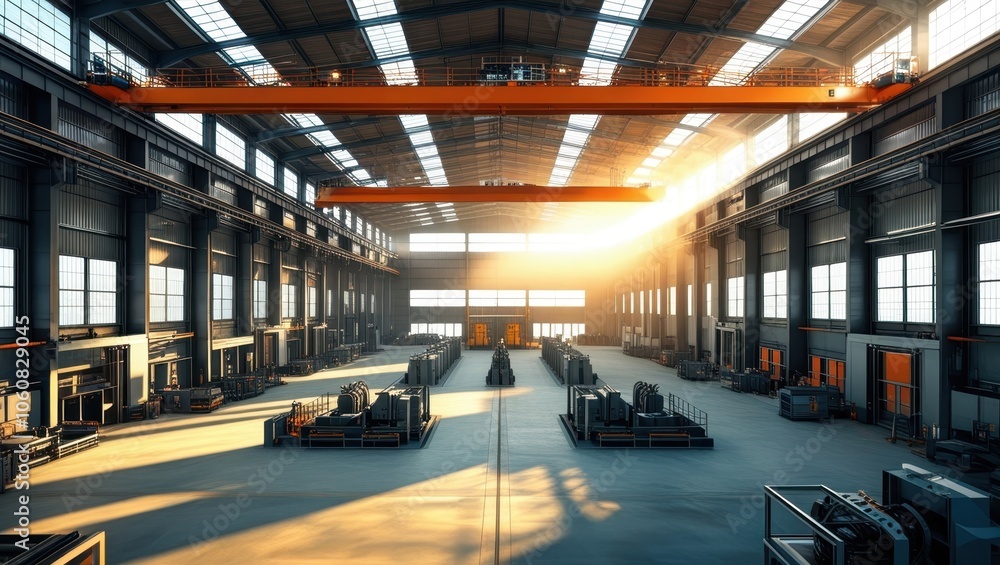 Fototapeta premium industrial warehouse interior, large empty space, high ceiling, overhead crane, metal beams, concrete floor, sunlight streaming through windows, dramatic lighting, wide angle view, realistic rendering
