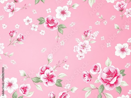 Floral wallpaper with delicate pink and green flowers on a white background, green, pattern