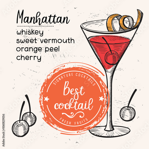 Cocktail bar menu. Vector drinks flyer for restaurant and cafe. Design template with vintage hand-drawn illustrations.	