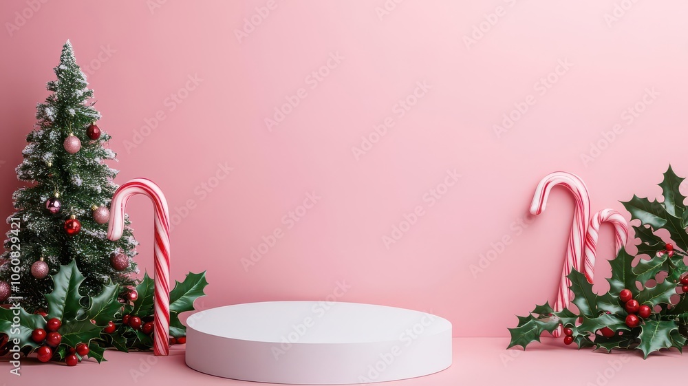 A blank podium styled with candy canes, holly leaves, and Christmas tree decorations for festive product display A blank podium styled with candy canes, holly leaves, and Christmas tree decorations for festive product display