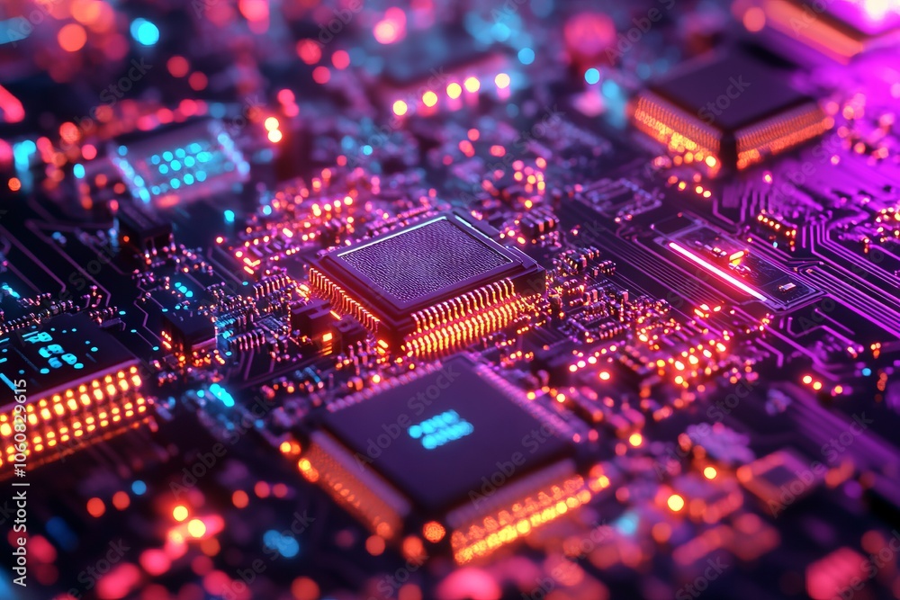 3D Rendering of an Electronic Circuit Board with Digital Data Transfer Concept. AI generated illustration 3D Rendering of an Electronic Circuit Board with Digital Data Transfer Concept. AI generated illustration