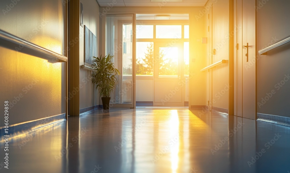 Sunlit hallway with plant and doors. Sunlit hallway with plant and doors.