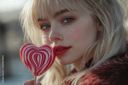 A woman holds a colorful lollipop in front of her face, concealing her identity