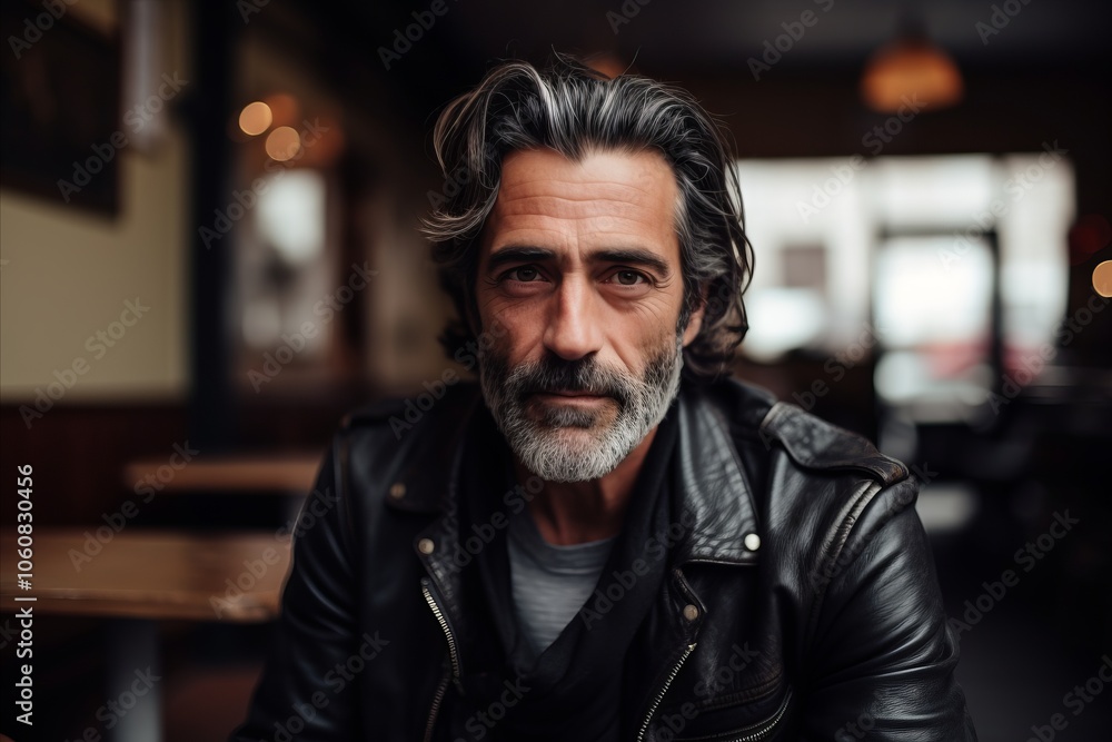 Portrait of a handsome middle aged man with gray hair wearing a leather jacket sitting in a coffee shop. Portrait of a handsome middle aged man with gray hair wearing a leather jacket sitting in a coffee shop.