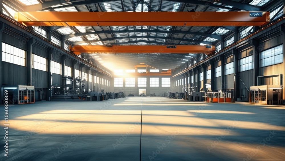 industrial warehouse interior, large empty space, high ceiling, overhead crane, metal beams, concrete floor, sunlight streaming through windows, dramatic lighting, wide angle view, realistic rendering industrial warehouse interior, large empty space, high ceiling, overhead crane, metal beams, concrete floor, sunlight streaming through windows, dramatic lighting, wide angle view, realistic rendering