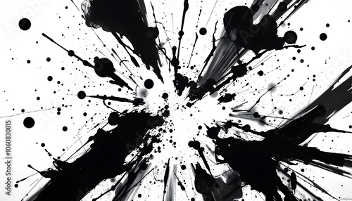 Abstract explosion, black and white with ink splatter  