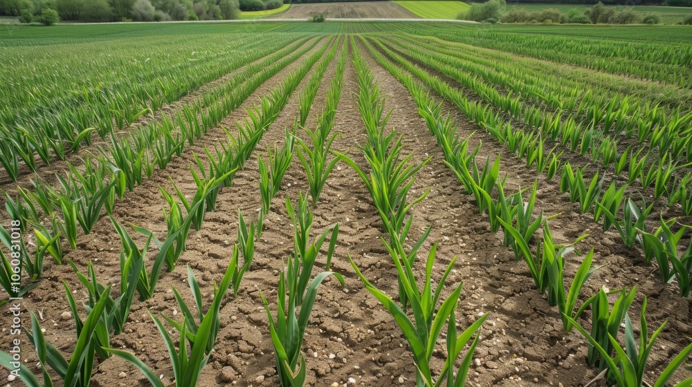 A field of young, vibrant green plants growing in neat rows, showcasing the beauty of new life and the promise of a bountiful harvest. A field of young, vibrant green plants growing in neat rows, showcasing the beauty of new life and the promise of a bountiful harvest.
