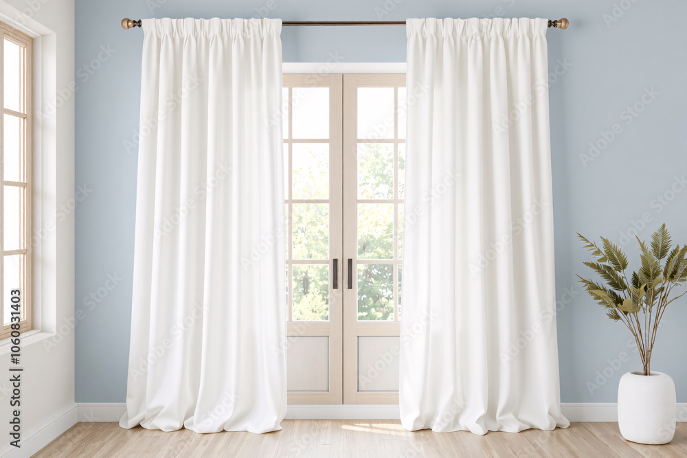 White curtains mockup in a modern, minimalist interior setting White curtains mockup in a modern, minimalist interior setting