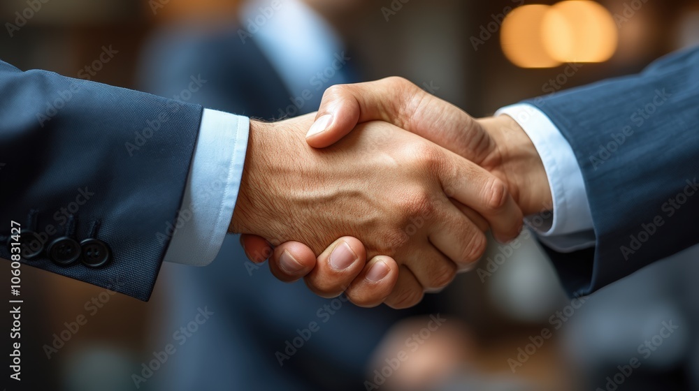 Two business attire shaking hands firmly in a wooden walkway setting, symbolizing a successful agreement Two business attire shaking hands firmly in a wooden walkway setting, symbolizing a successful agreement