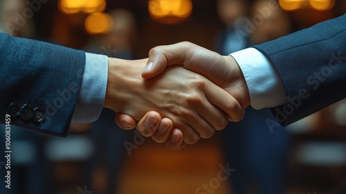 A strong and firm handshake between two professionals symbolizes trust and successful agreement photo