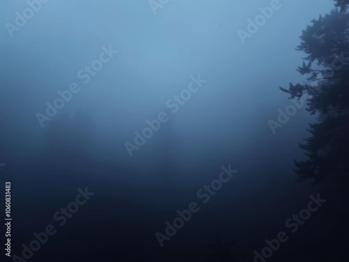 Thick mist enveloping a dense forest, creating a moody and mysterious atmosphere, gloomy, serene photo