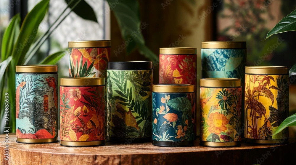 Selection of exotic teas in decorative tins. Elegant and varied tea collection. Selection of exotic teas in decorative tins. Elegant and varied tea collection.