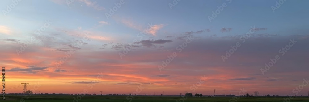 Naklejka premium Vibrant sunset over a tranquil countryside, landscape, scenic