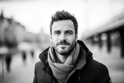 Portrait of a handsome young man outdoors. Black and white.