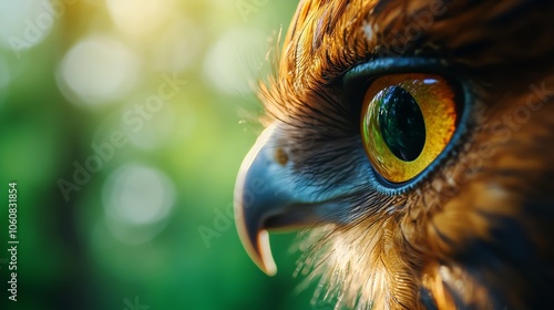 Extreme close-up of bird s eye, intricate feather details, soft-focus forest background photo