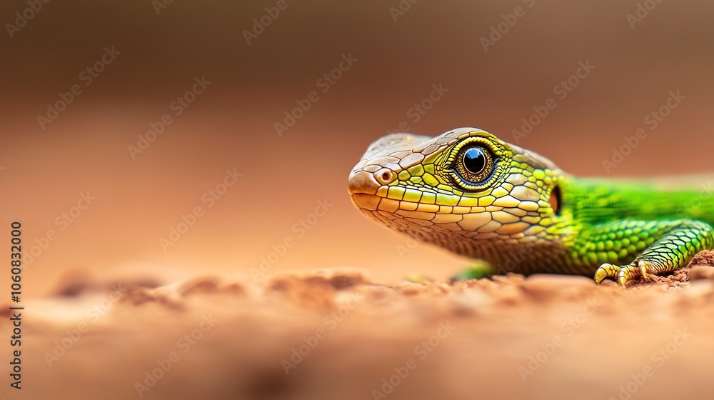 Fototapeta premium Lizard eye close-up, vibrant green scales, soft desert background, high detail