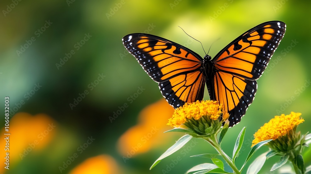 Fototapeta premium Macro of butterfly on wildflower, vibrant colors, detailed wing textures, soft natural background