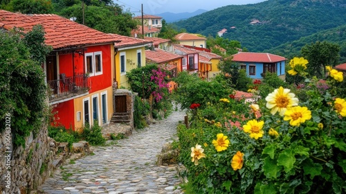 A cobblestone street winds through a colorful village nestled in a hillside, with vibrant flowers blooming along the way. photo