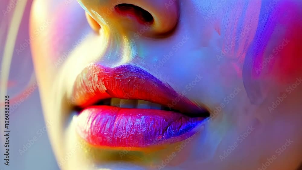 A close-up image of a person's mouth, painted in vibrant colors