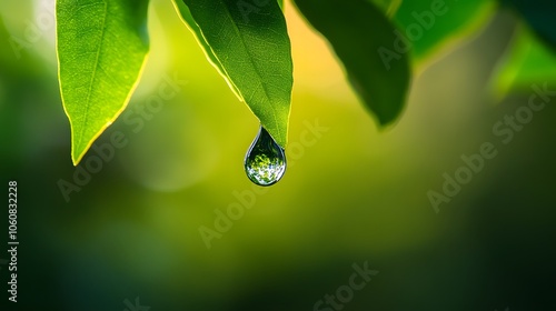 A single water drop hanging from the tip of a green leaf photo