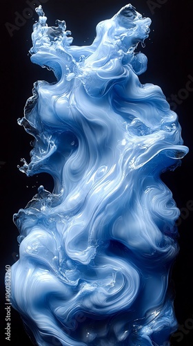 Abstract blue ink swirls, dynamic flow on black background, artistic design concept. photo