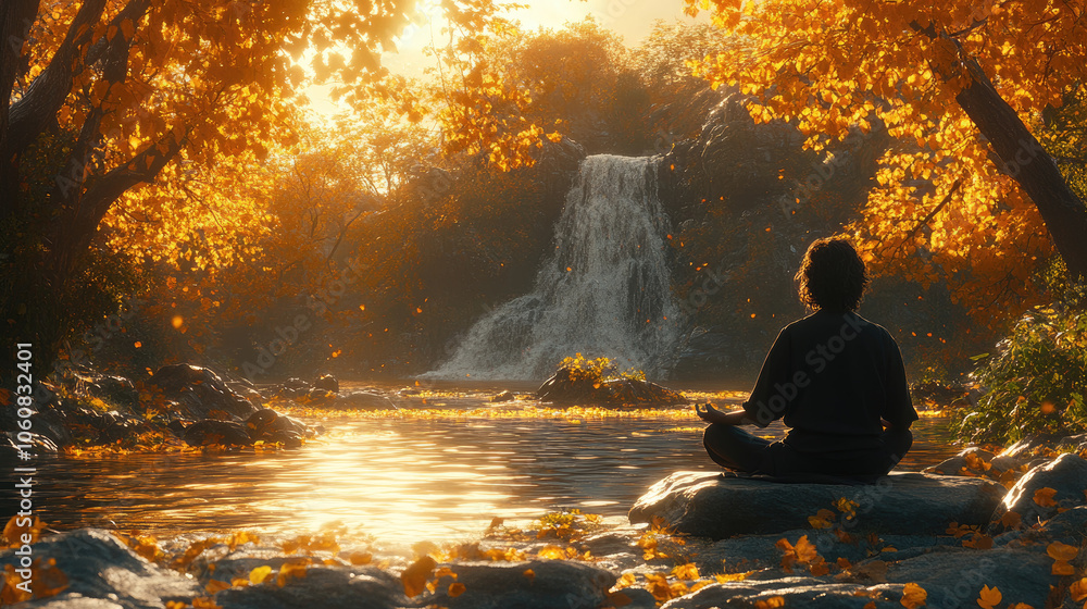 A serene moment unfolds as an individual meditates by a gentle river, framed by colorful autumn leaves and a soothing waterfall A serene moment unfolds as an individual meditates by a gentle river, framed by colorful autumn leaves and a soothing waterfall