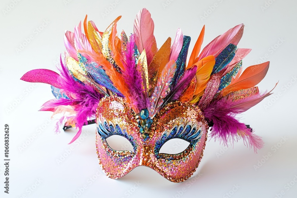 A carnival mask adorned with feathers and sequins in bright, sparkling colors. A carnival mask adorned with feathers and sequins in bright, sparkling colors.