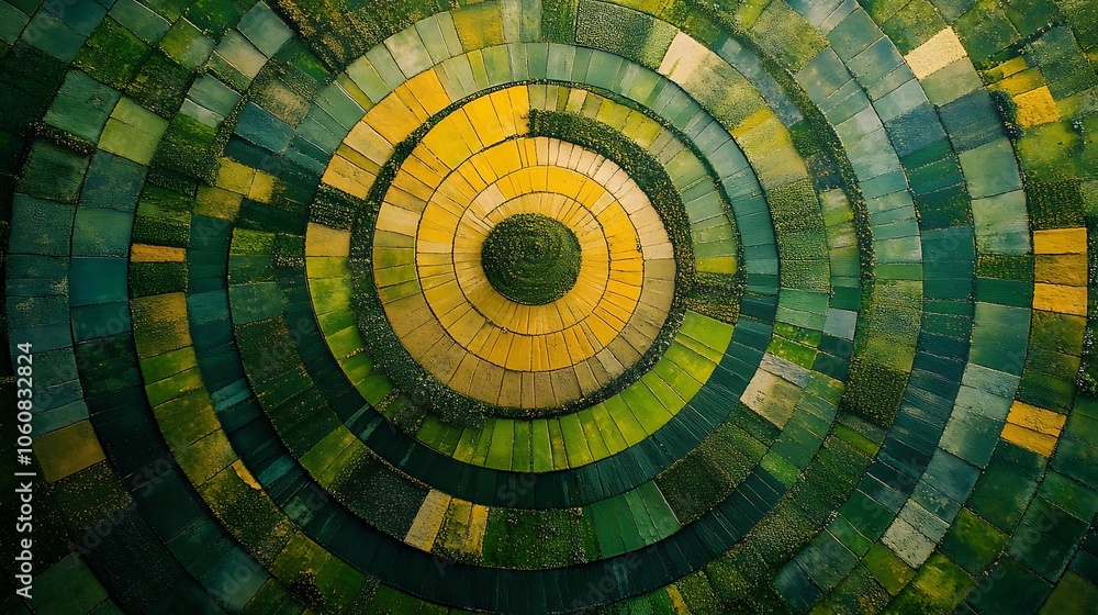 Fototapeta premium Aerial perspective of farmland irrigation circles, rows of vibrant crops in perfect circular formations, varying shades of green and yellow, soft sunlight highlighting texture, intricate details,