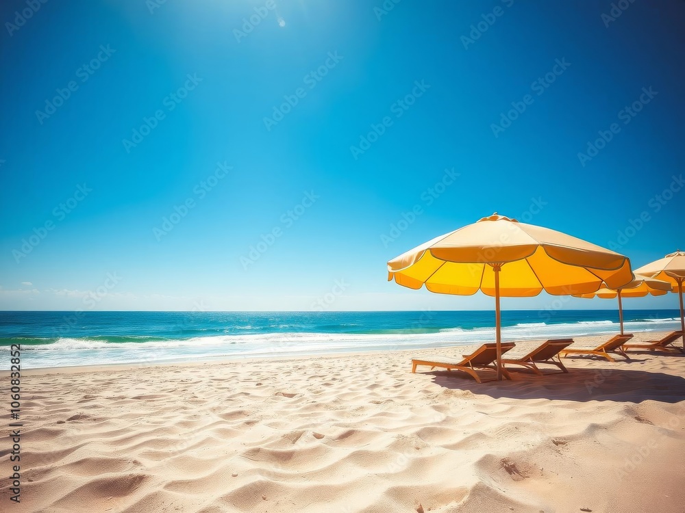 Vibrant beach scene on a sunny day, featuring colorful umbrellas, sand, and clear blue ocean, umbrella, sand Vibrant beach scene on a sunny day, featuring colorful umbrellas, sand, and clear blue ocean, umbrella, sand