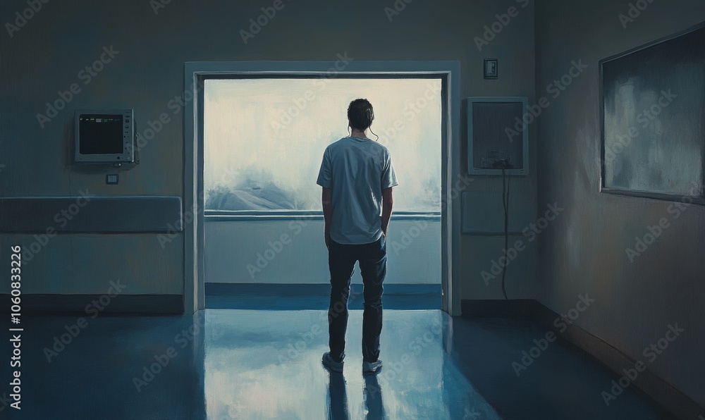 Fototapeta premium Man stands looking out a window in a room.