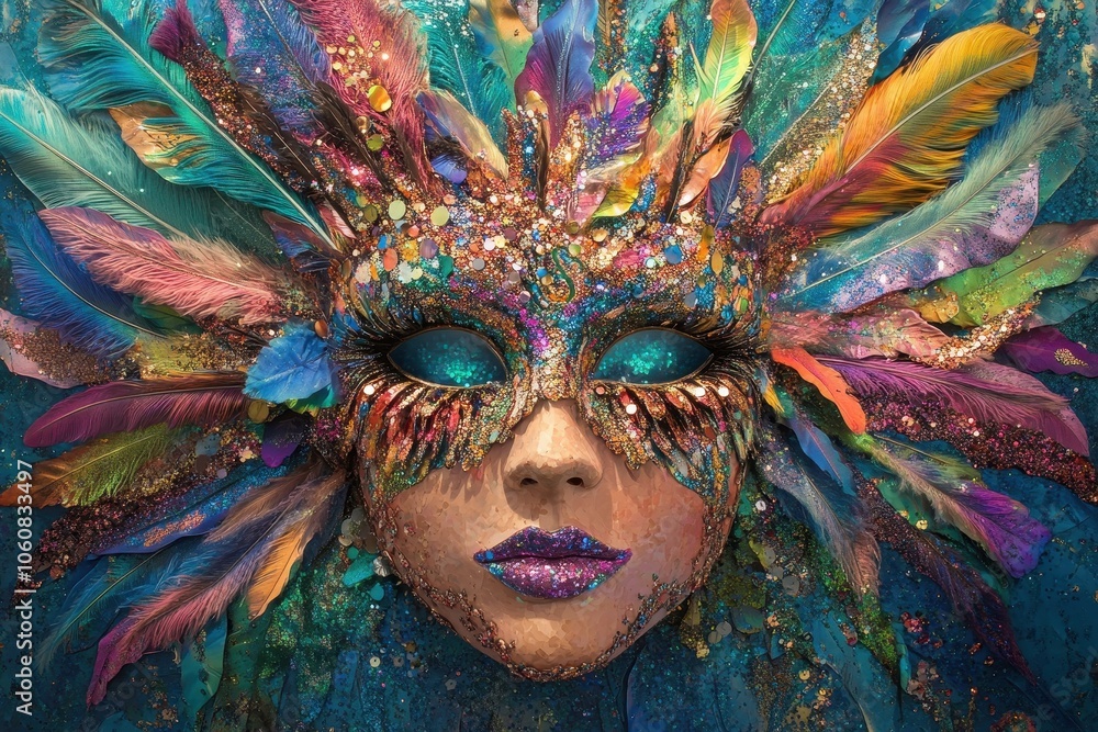 A carnival mask adorned with feathers and sequins in bright, sparkling colors. A carnival mask adorned with feathers and sequins in bright, sparkling colors.