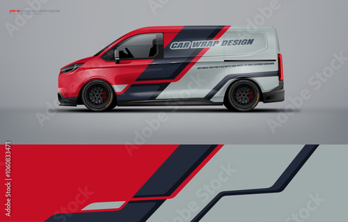 van wrap design for universal medium van, with a touch of Abstract simple racing Graphics in red black and white with background. Vector eps print ready printable file. photo