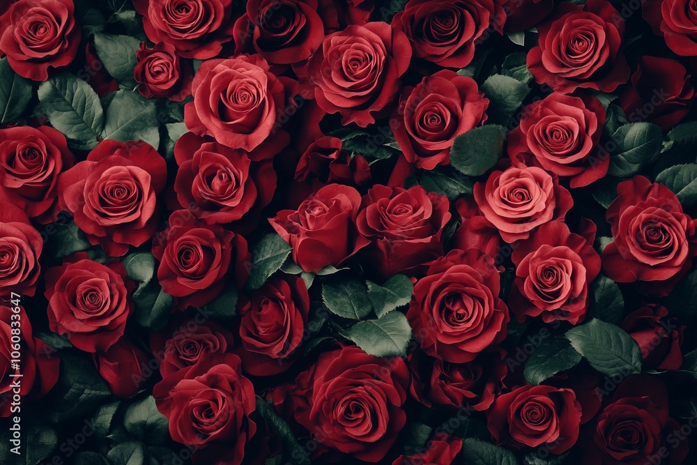 Overhead View of a Stunning Bouquet of Red Roses in Symmetrical Arrangement. AI generated illustration Overhead View of a Stunning Bouquet of Red Roses in Symmetrical Arrangement. AI generated illustration
