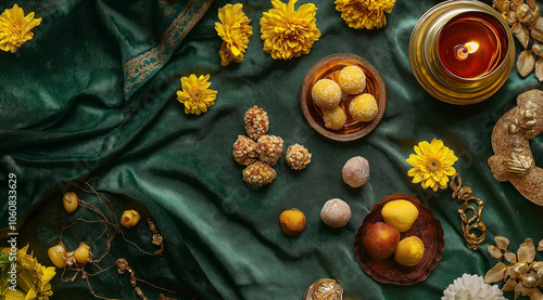 A flat lay of traditional Indian sweets like laddus and delicate cookies placed on an elegant table with a green velvet cloth and gold trimming and yellow flowers, and small red candles.
