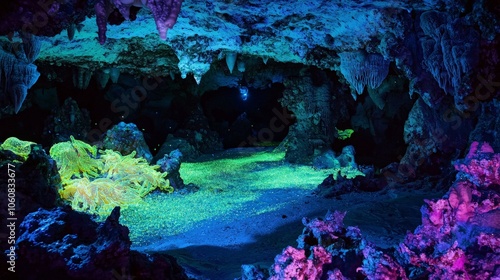 An otherworldly cave with neon-colored rock formations and a glowing pathway leading to a dark and mysterious end. photo