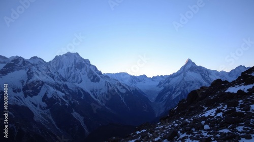 Snow-capped mountain peaks of the Himalayas at sunrise, showcasing the rugged beauty of nature, rugged, landscape