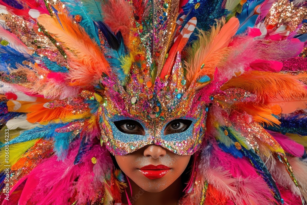 A carnival mask adorned with feathers and sequins in bright, sparkling colors. A carnival mask adorned with feathers and sequins in bright, sparkling colors.