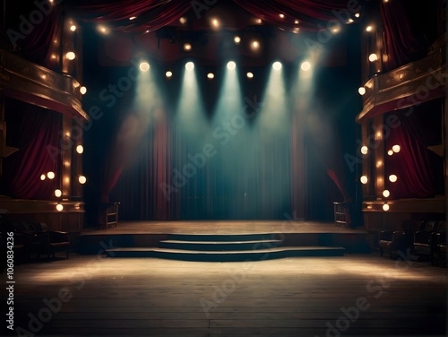 An empty theater stage with elegant red curtains and stairs